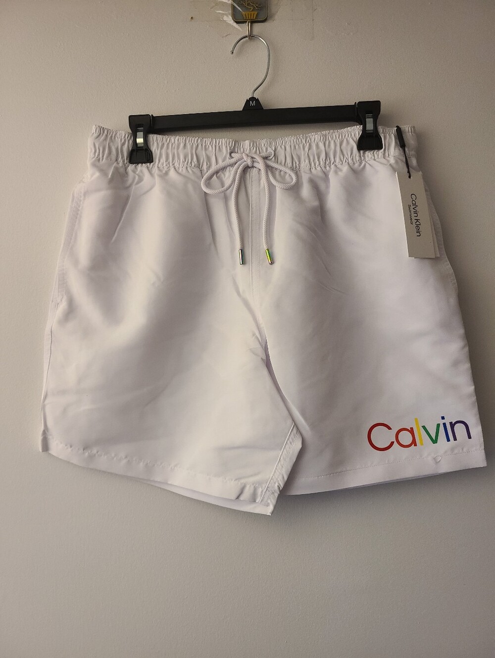 Calvin Klein White Swim Shorts with Rainbow Logo Mens Size Medium